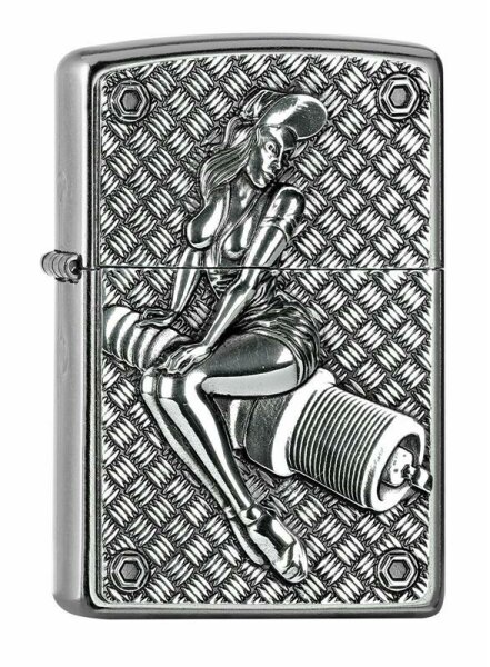 Zippo Spark Plug Girl Riding Pin-up Rockabilly US Car Hot Rod Oldtimer Biker